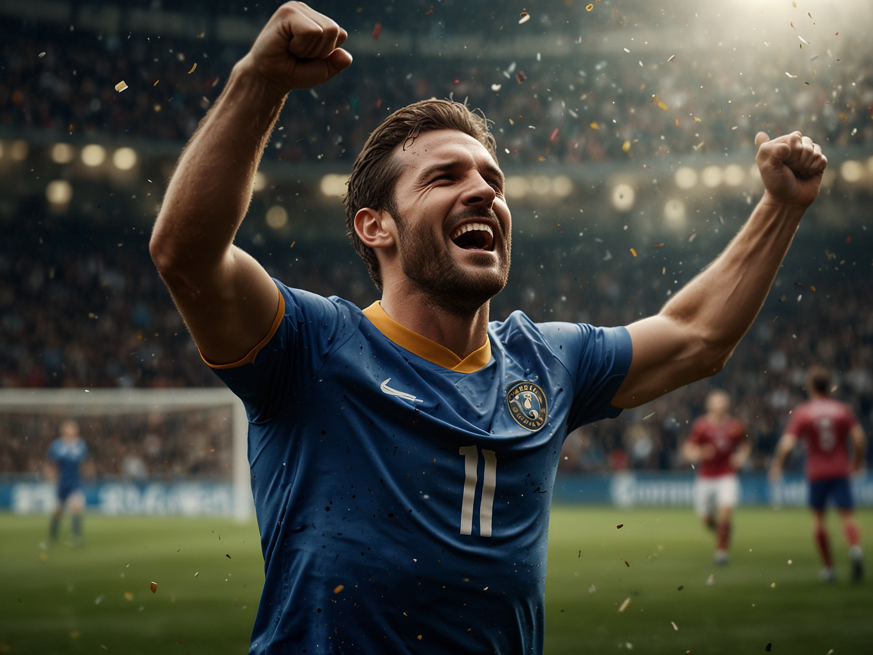 Triumphant player celebrating on a stadium background